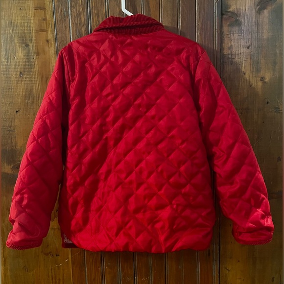 Girls Red Nylon Woven Barn Jacket Fully Lined With Corduroy Trim Size 7/8 - Picture 2 of 5